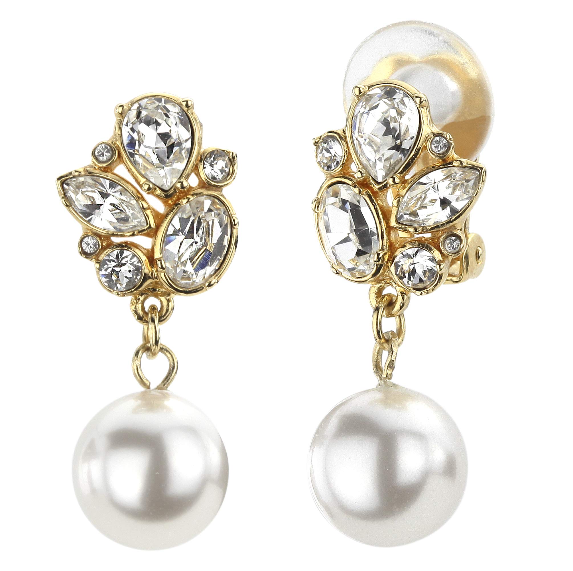 Traveller 114195 Clip-On Earrings 22 Carat Gold-Plated with Crystals and Pearl 10 mm
