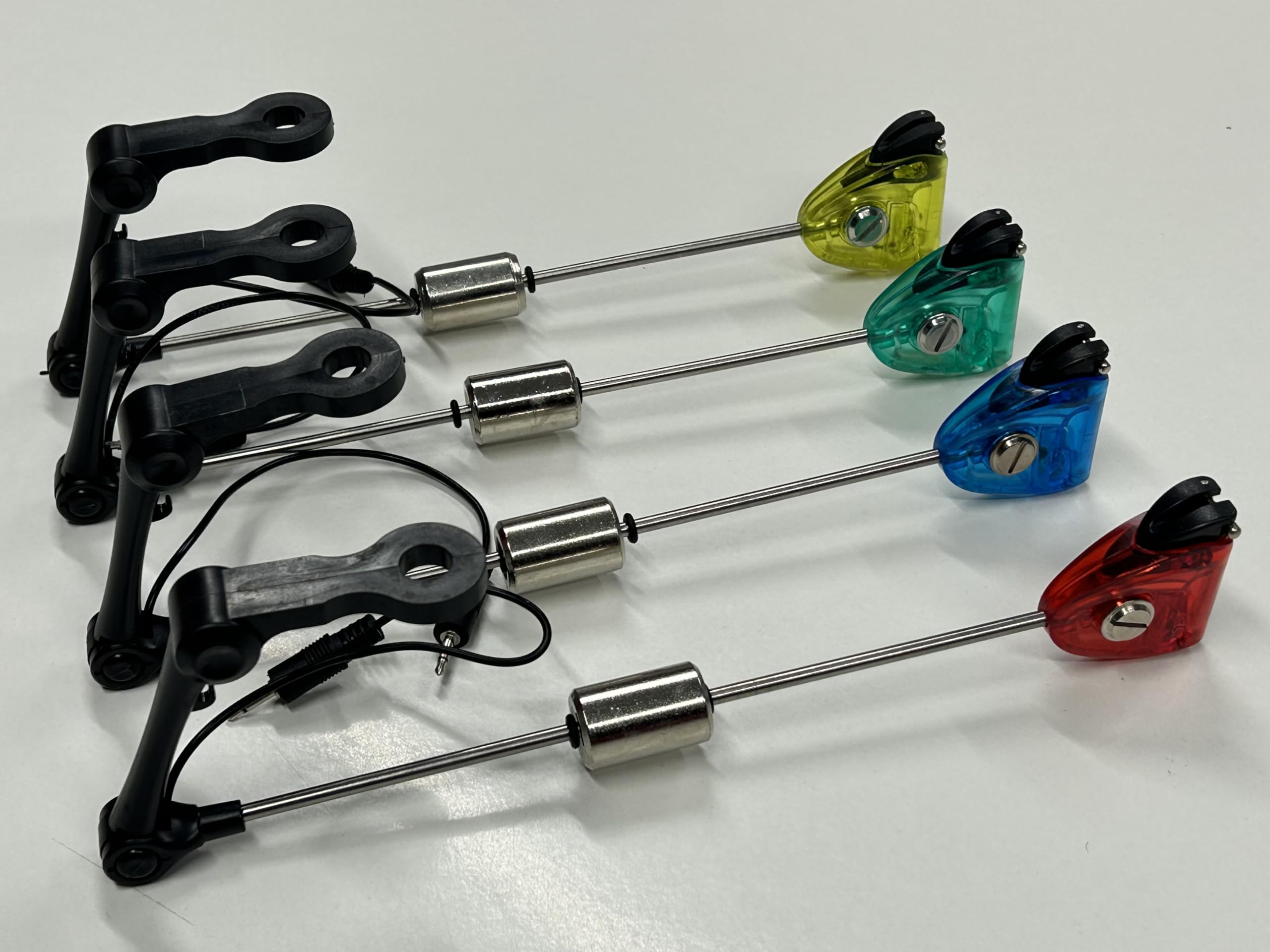 TMC 4 x Drop off illuminated Bite Indicators. Slider Weight, Standard 2.5mm Jacks. Red, Green, Blue & Yellow. Carp and Coarse fishing tackle