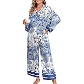 Jusfitsu Women's Silk Satin Pajama Sets for Women 2 Piece Button Down Pjs Set Oversized Long Sleeve Animal Print Sleepwear