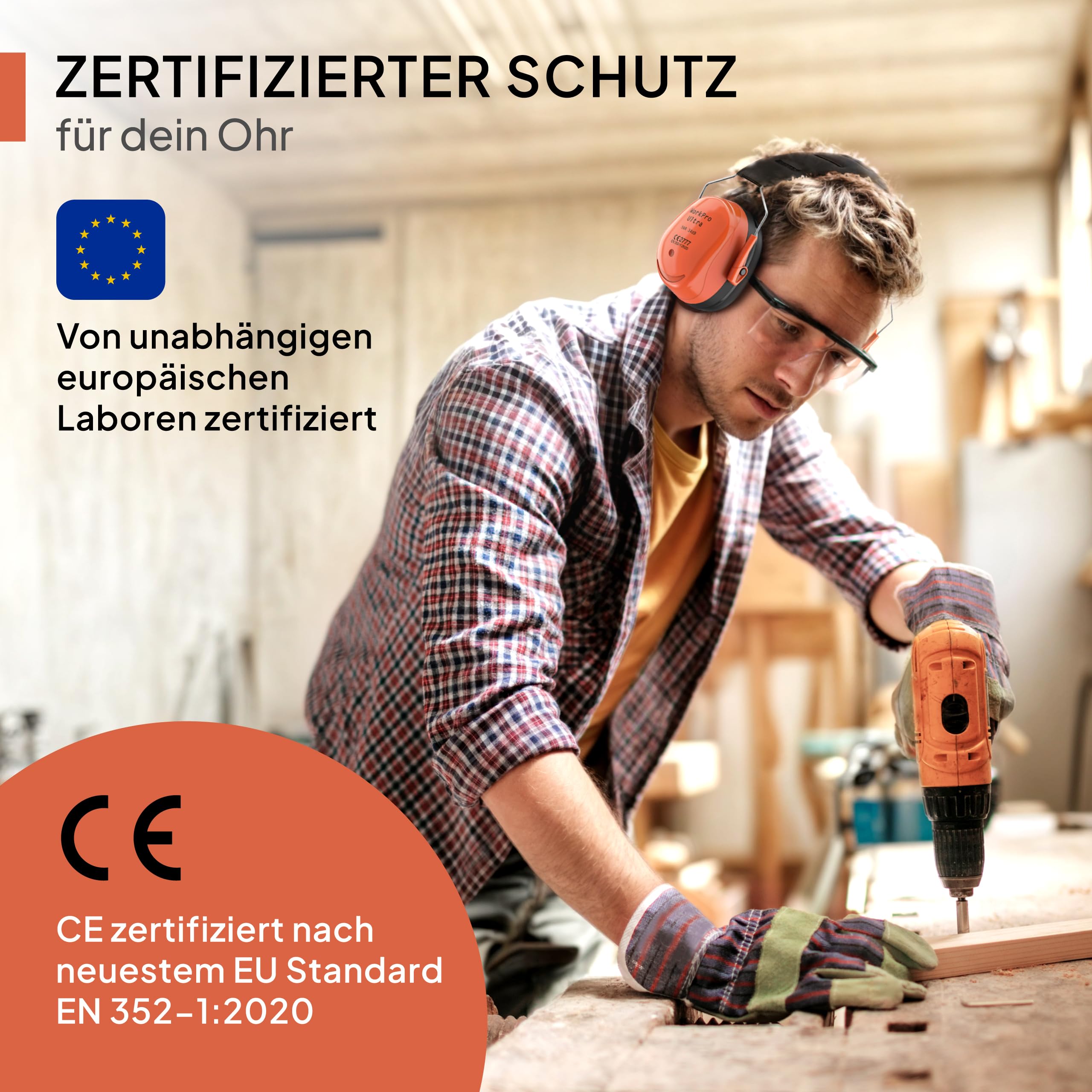 Senner ® WorkPro Ultra | Gehörschutz für Arbeit und Freizeit – Größenverstellbare Ohrenschützer - Hochwertige Lärmschutz Kopfhörer mit SNR von 34 dB - Kapselgehörschutz Schwarz/Orange - Unisex 3