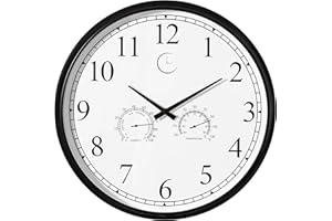 CLOCKSWISE 18-inch Large Outdoor Wall Clock Thermometer Combo, Waterproof Hygrometer Silent Battery Operated Clocks Timepiece Garden Weather Master Station for Home Indoor or Patio Pool Photography Props Black