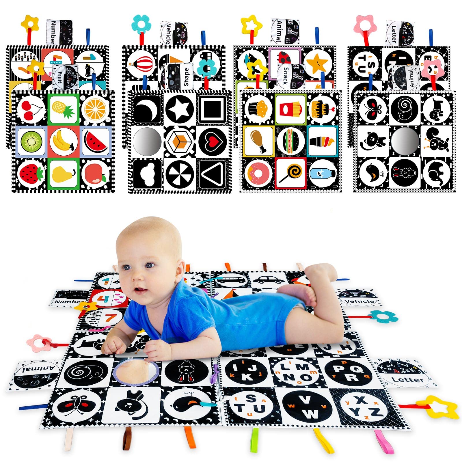 Tummy Time Mat 8-in-1, Play Gyms For 0-6 Months Black And White Baby Play Mat Activity Gym With Sensory Toys And Pillow High Contrast Newborn Play Mat For Newborn Babies