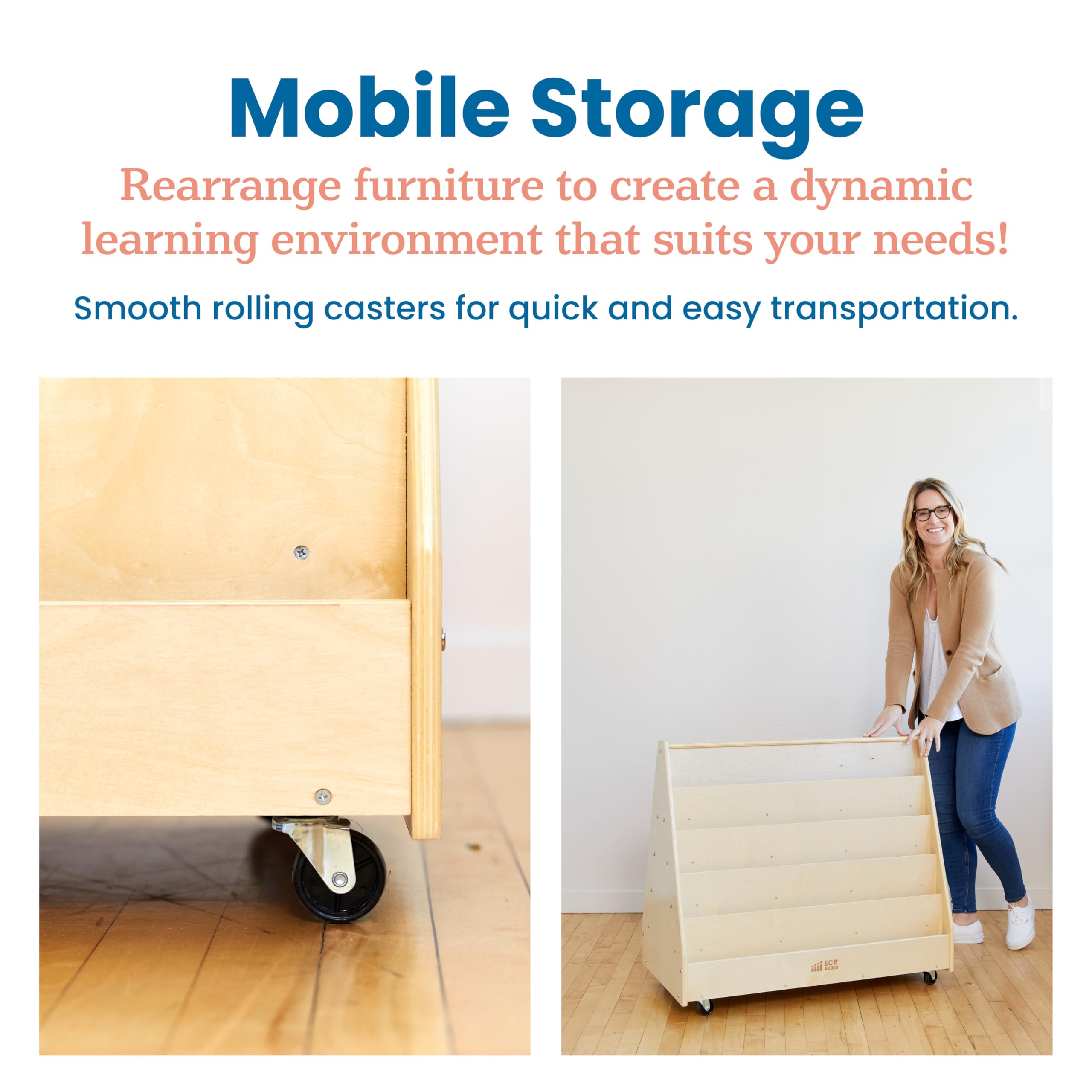 ECR4Kids Double-Sided Mobile Book Display, Classroom Bookshelf, Natural