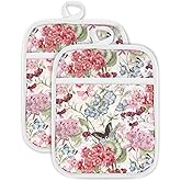 Swooflia 100% Cotton Pot Holders 2 Pack Set for Kitchen with Pockets - Cute 440°F Heat Resistant Oven Hot Pads Heavy Duty for Countertop Home Cooking Baking Microwave BBQ Butterfly Floral