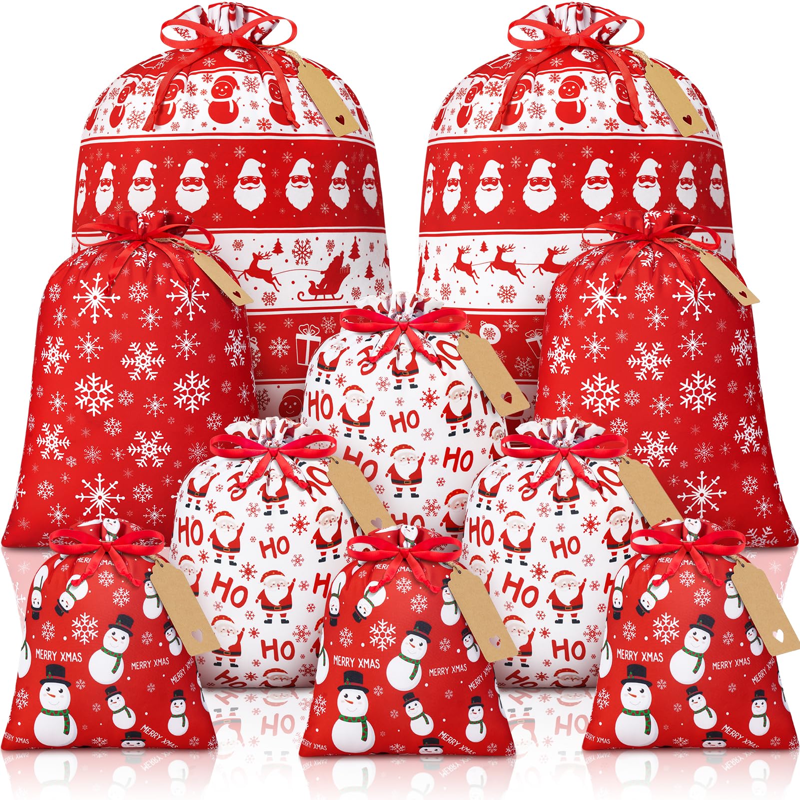 Photo 1 of 10 PCS Christmas Drawstring Gift Bags with Tags, Red and White Xmas Gift Bags Assorted Sizes Bulk, Large Medium Small Holiday Gift Bag Fabric Wrapping Bags for Xmas Presents Party Favors Decor Goody