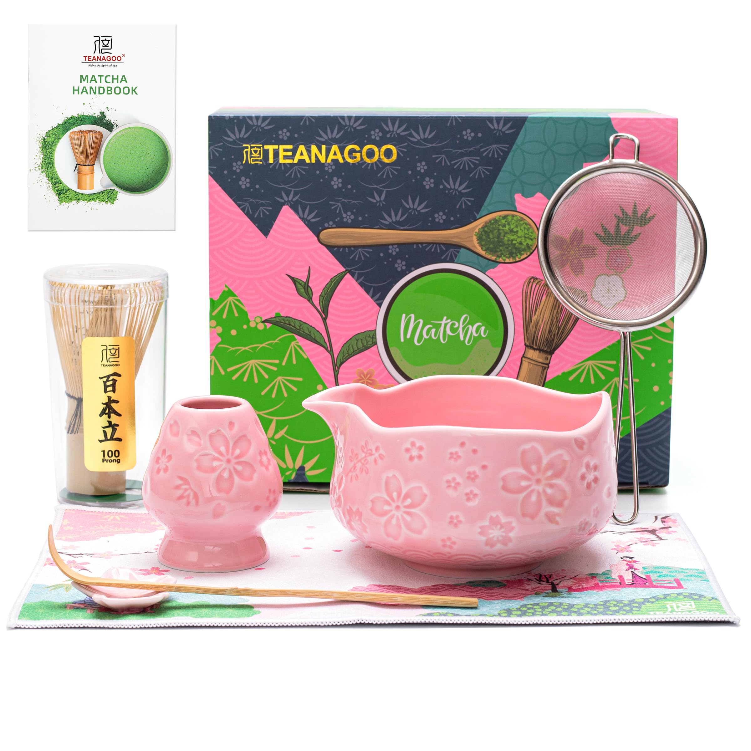 TEANAGOO 7-PCS Pink Matcha Whisk Set with Cherry Blossom Design, Complete Ceremony Kit, Ceramic Chawan Bowl with Spout, Whisk & Accessories, Traditional Matcha Tea Set for Lattes& Gift Giving Image TEANAGOO 7-PCS Pink Matcha Whisk Set with Cherry Blossom Design, Complete Ceremony Kit, Ceramic Chawan Bowl with Spout, Whisk & Accessories, Traditional Matcha Tea Set for Lattes& Gift Giving Image