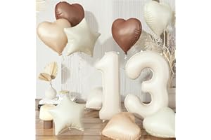 GOVPY Cream 13 Balloons Decor, Beige Nude Apricot Brown Tan Foil Star Heart Balloons, 40'' White Sand Helium Neutral Number 13 Balloon for Girls 13th Birthday Wedding Anniversary Party Decoration Supplies