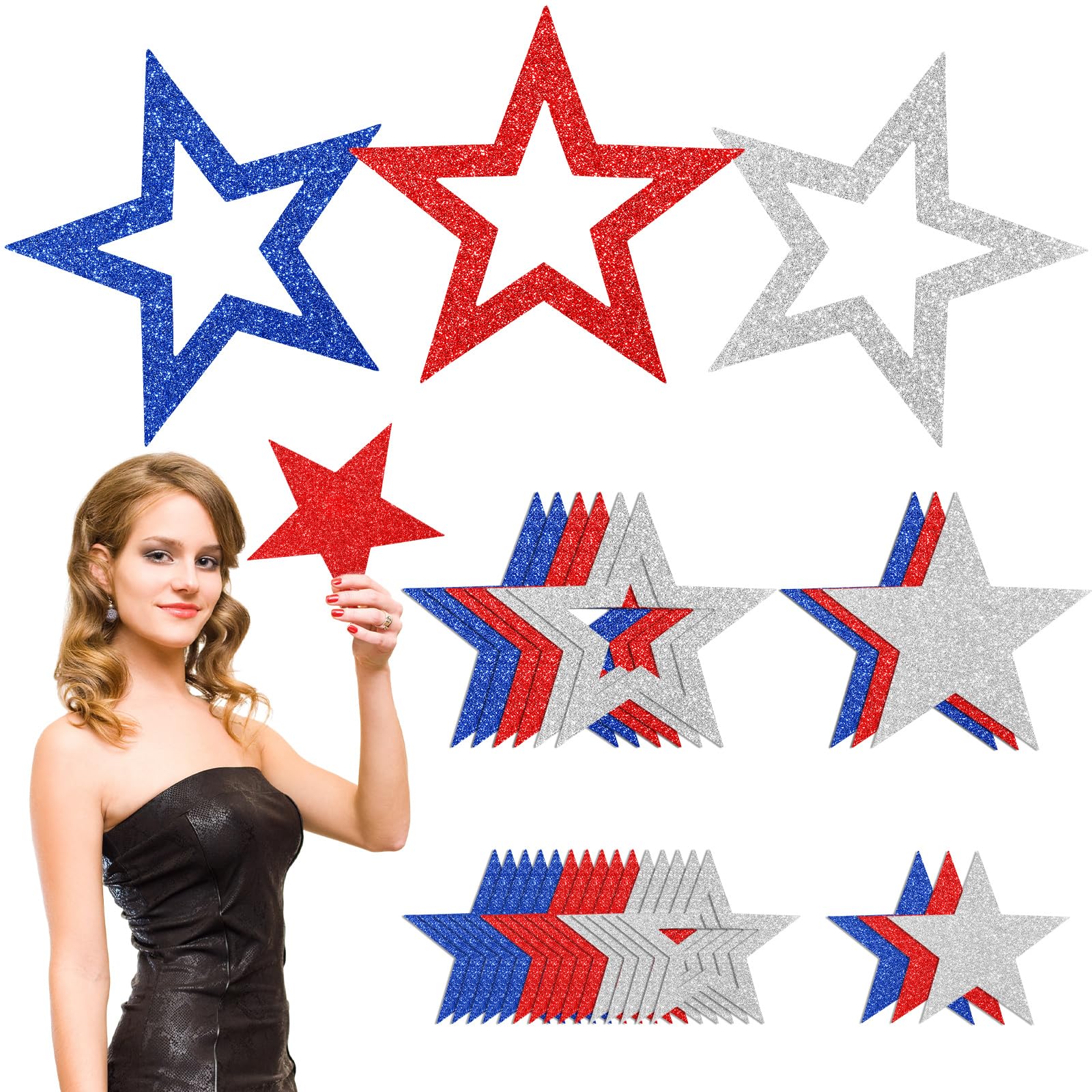 Photo 1 of 60 Pcs Large Patriotic Star Cutouts Paper Decorations 3 Sizes 6" 9.8" 10.6" Double Printed Patriotic Star Cardboard Wall Decor Confetti Cutouts for Festival Graduation Party Bulletin Board Decor