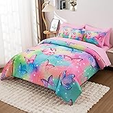Keyroal Butterfly Comforter Set Twin Size 6 Piece Bed in A Bag Colorful Flowers Leaves Bedding Set for Kids Teens Super Soft All Season - Rainbow