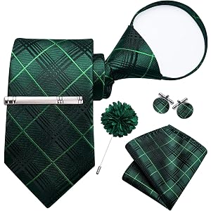 Mens Plaid Tie Set Classic Woven Silk Necktie and Pocket Square Cufflinks Set for Wedding Buesiness