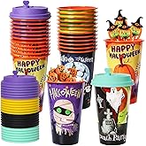 FZR Legend 24 Pack Halloween Party Favors Goodie Cups - Bats, Ghost, Cats, Pumpkin, Witch, Spider Patterns - 16OZ Reusable Plastic Cups With Lids and Plugs for Party Decorations
