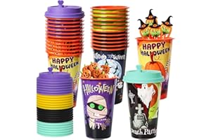 FZR Legend 24 Pack Halloween Party Favors Goodie Cups - Bats, Ghost, Cats, Pumpkin, Witch, Spider Patterns - 16OZ Reusable Plastic Cups With Lids and Plugs for Party Decorations
