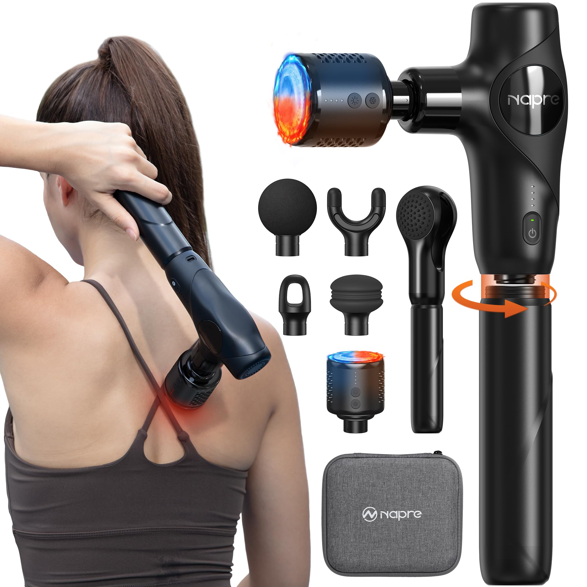 Photo 1 of NAPRE 3-in-1 Mini Massage Gun with Heat and Cold,Deep Tissue Back Massage with Detachable Handle for Neck/Body Pain Relief,Portable Handheld Percussion Muscle Massager,Small & Quiet,5 Heads,with Case
