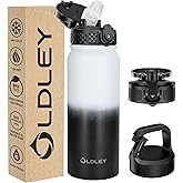Oldley Insulated Water Bottle 20oz Water Bottles with Straw, Stainless Steel Water Bottle with 3 Lids, Double Wall Vacuum Thermo for Adults Kids,Leak-Proof Sport Bottles for School Travel, White Black