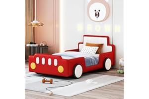 JIVOIT Twin Size Race Car-Shaped Platform Bed with Wheels, Wooden Car Platform Bed Frame with PU Leather Upholstered Headboard and Footboard, Safety Guardrail, No Box Spring Required (Red * Guardrail)