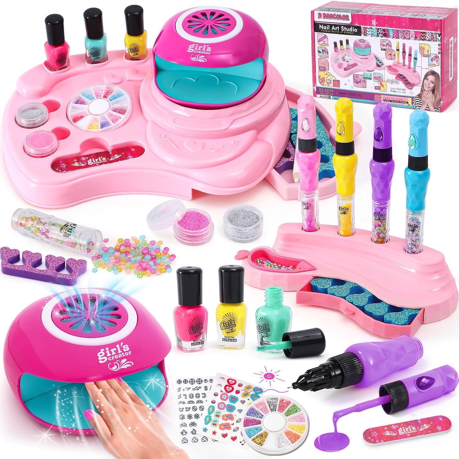 Kids Nail Polish Sets for Girls Gifts 6 7 8 9 10 Years Old Nail Art Kit with 3-in-1 Nail Pen Nail Dryer Peel off Nail Varnish Nail Salon Pamper Set Birthday Presents Girls Toys Age 8-12