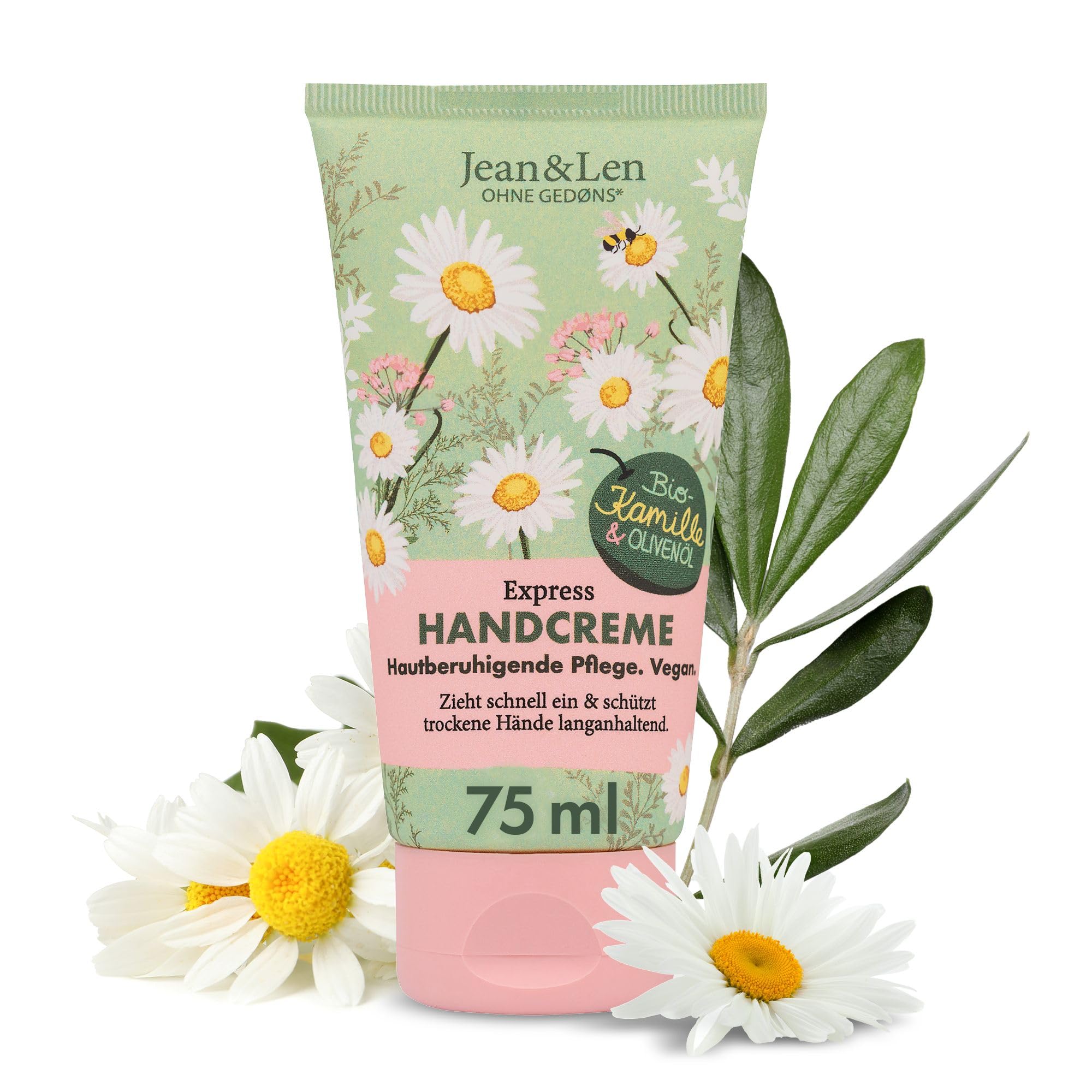 Jean & Len Handcreme Kamille & Olivenöl, vegane Pflegeformel mit Bio-Kamillenblüten Extrakt & Olivenöl, hautberuhigend, zieht schnell ein, vegane Handpflege, ohne Parabene & Silikone, 75 ml