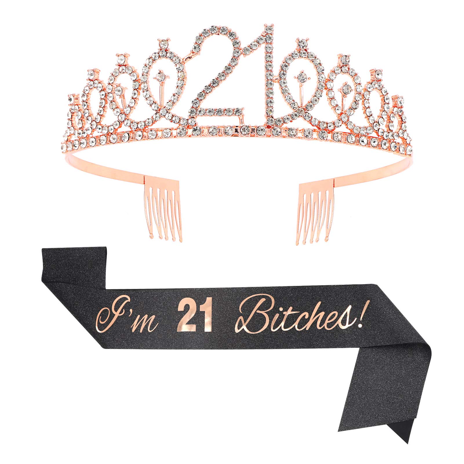 RosewineC 21st Birthday Sash, Rhinestone Crown Tiara for Women Girls, Party Supplies and Gifts