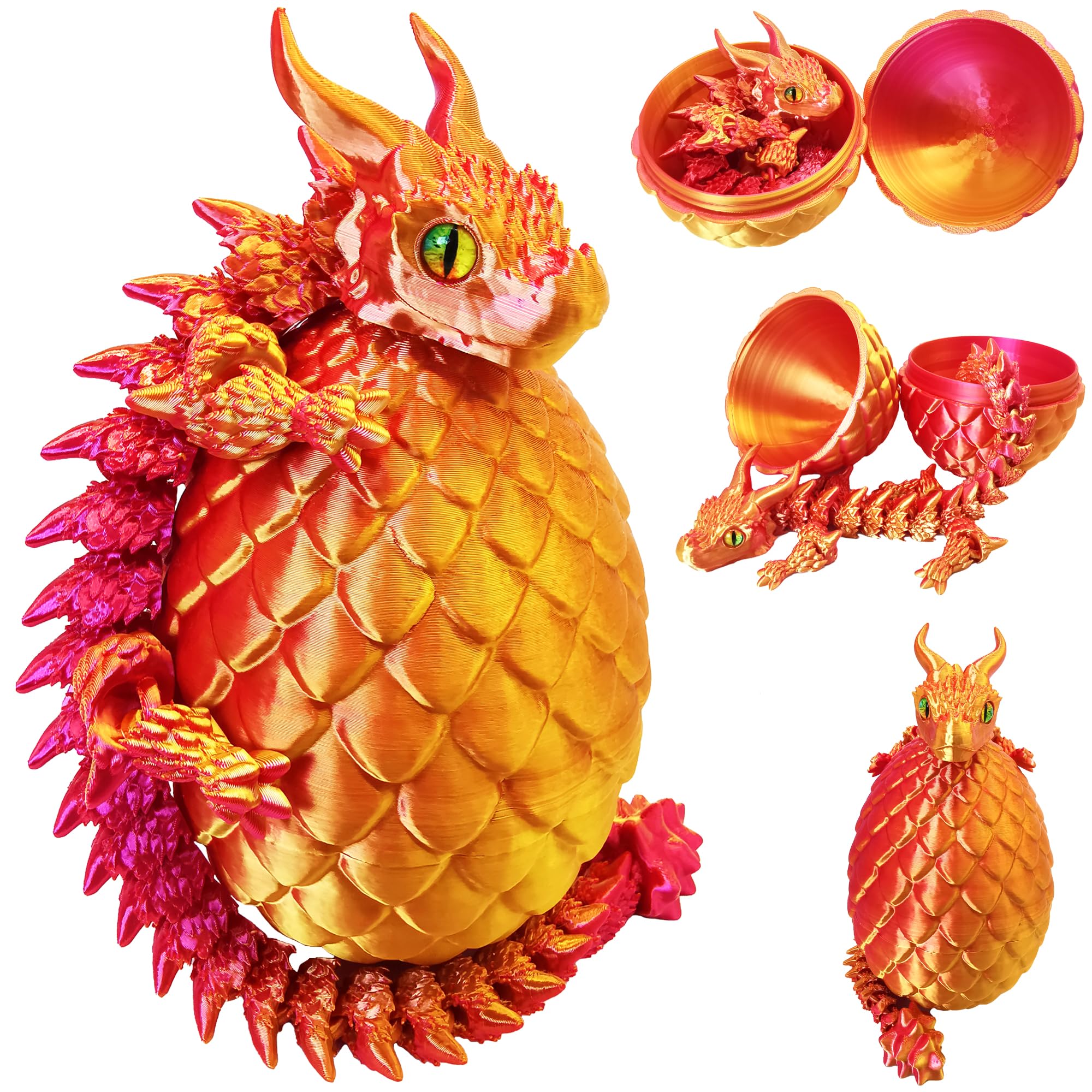 Photo 1 of 3D Printed Dragon Eggs with Dragon Inside, Large Articulated Dragons Toy with Eyes, Animal Fidget Toys Easter Surprise Eggs Home Decor Executive Desk Toy, Easter Gift for Kids (Red+Golden)
