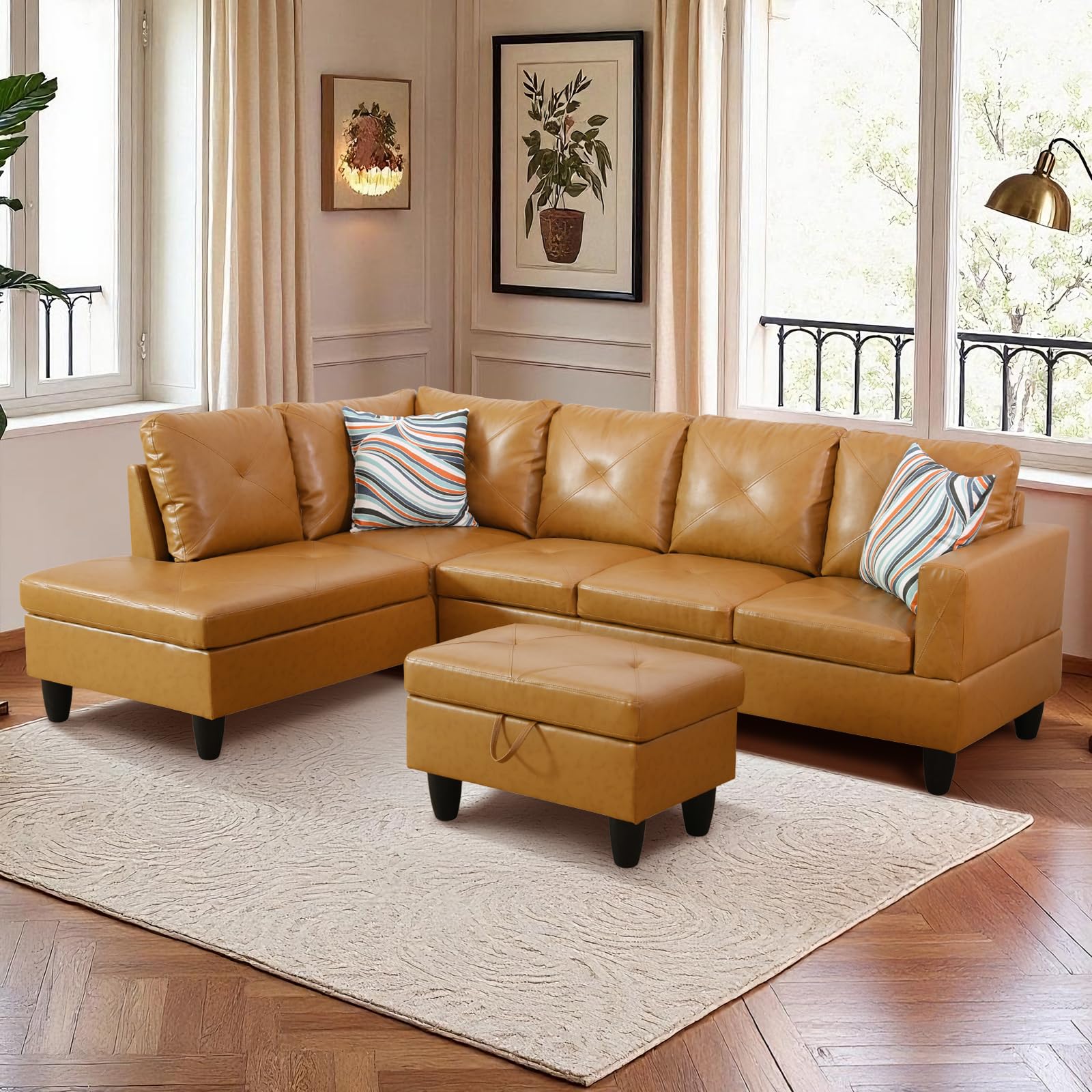 Photo 1 of **INCOMPLETE** MISSING PIECES* L-Shaped 3-Piece Sectional Sofa Set with Chaise & Storage Ottoman, Sectional Couch, Solid-Wood Frame Sofa, Modern Small-Space Living Room Couch for Apartment, Studio, Office, Ginger