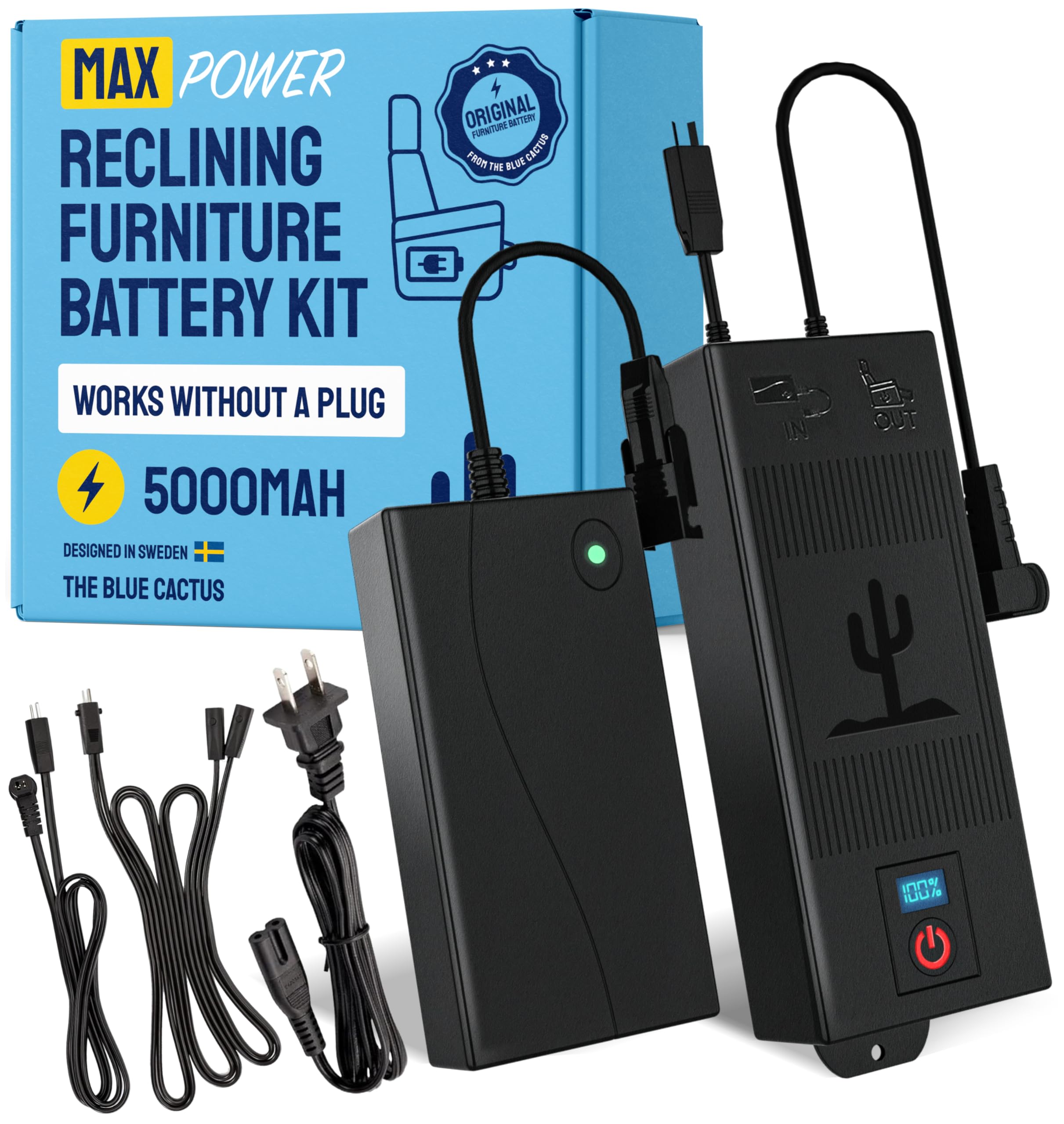 Photo 1 of The Blue Cactus Rechargeable Battery Pack for Reclining Furniture - 5000mAh Battery, Charger, Cords, 2-Pin Connector - Wireless with LED & Low Charge Alert - Couch Battery Pack for Reclining Sofa