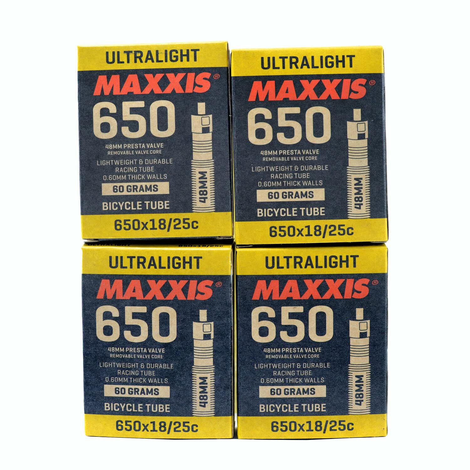 Maxxis ULTRALIGHT 650x18-25C 48mm Bike Inner Tube Presta FV, 4 Pack, STB2289-4