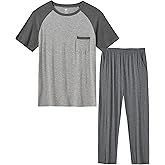 MoFiz Mens Pajama Set Pjs Sleepwear Nightwear Lightweight Quick Dry Soft Short Sleeve Summer Pjs Sleep Set With Pocket