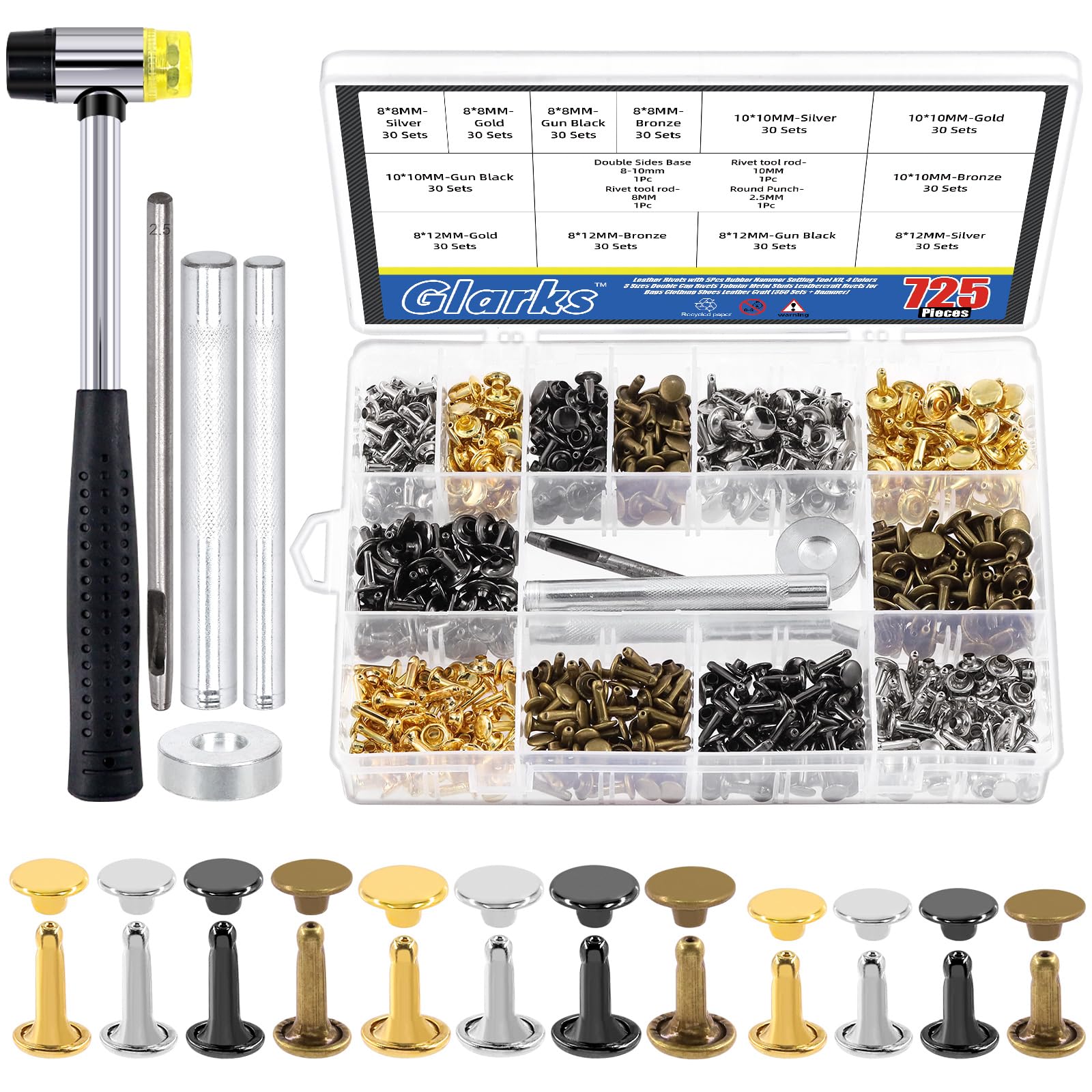 Glarks Leather Rivets with 5Pcs Rubber Hammer Setting Tool Kit, 4 Colors 3 Sizes Double Cap Rivets Tubular Metal Studs Leathercraft Rivets for Bags Clothing Shoes Leather Craft (360 Sets + Hammer)