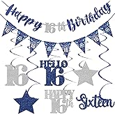 Blue Silver 16th Birthday Decorations for Boys Girls, Happy 16th Birthday Banner Stars Sixteen Hanging Swirls Hello 16 Bday Decor Party Supplies Sign