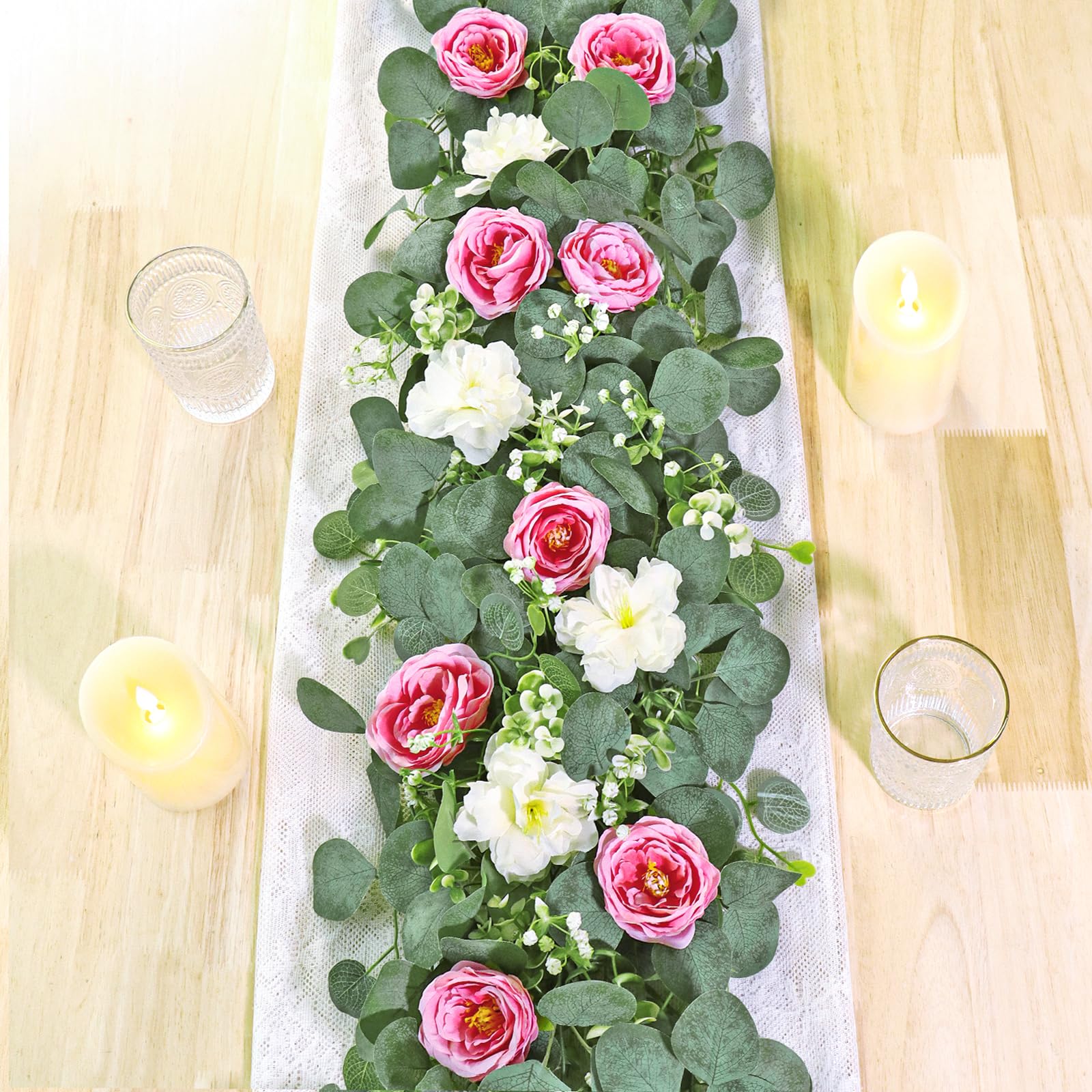 UXORSN 2PCS 12FT Artificial Eucalyptus Flower Garland with White Pink Roses Fake Plants Silk Floral Greenery Garland Faux Gypsophila Ivy Vines for Wedding Decoration Home Party Table Runner Decor