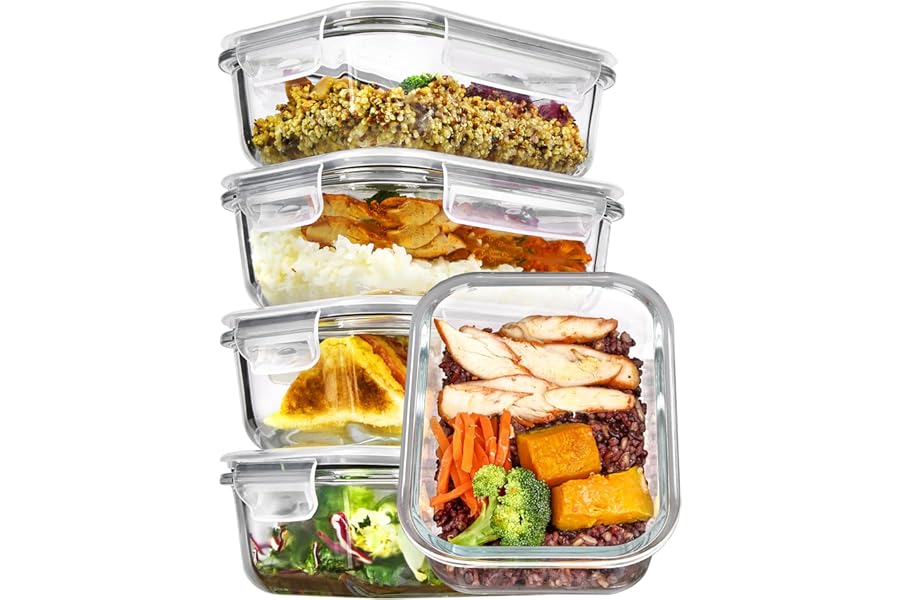 Vtopmart 5Pack 22oz Glass Storage Containers with Lids, Grey | Glass Meal Prep Food Container Sets, Snap Airtight Lid, For Mi Book
