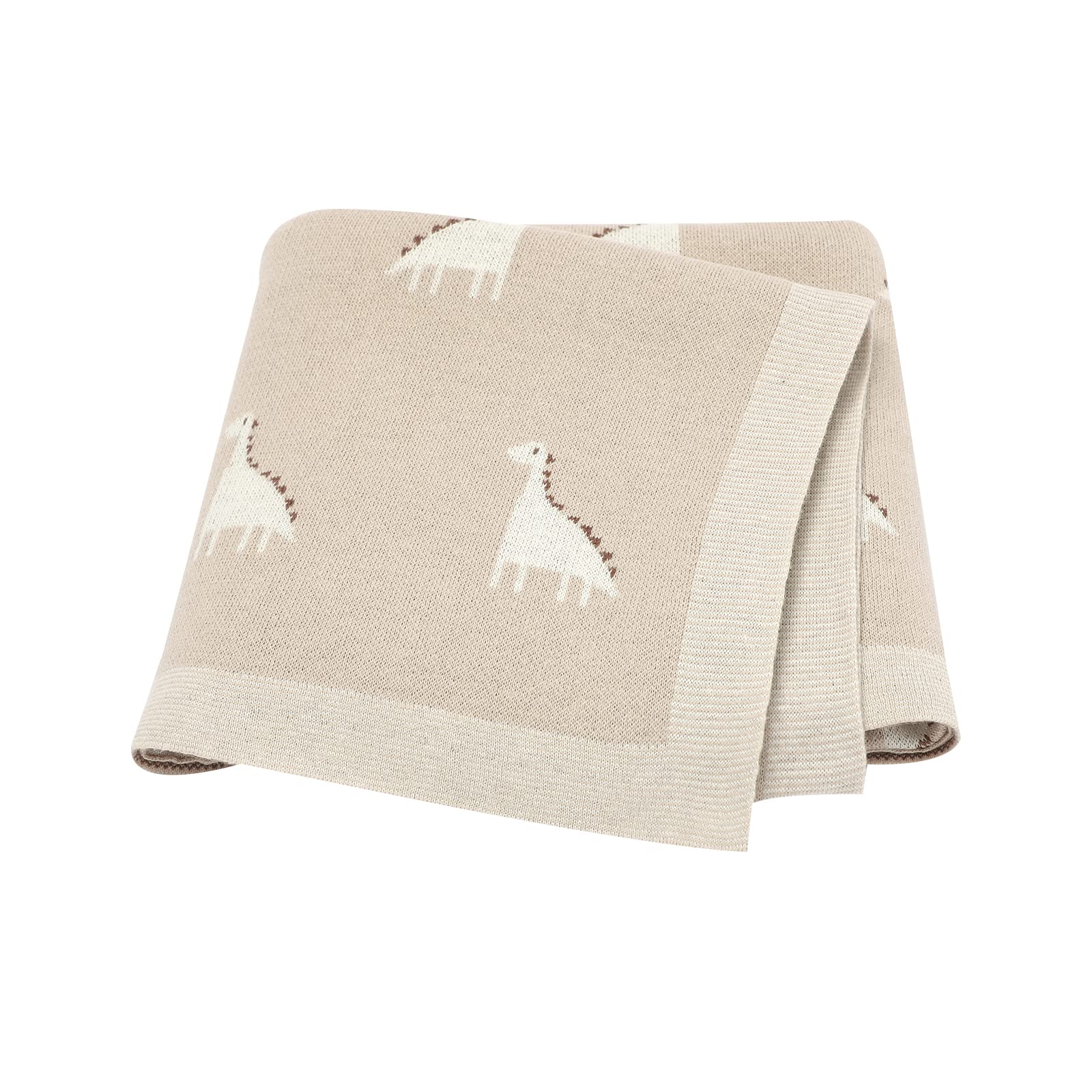 LAWKUL Baby Blanket 100% Cotton Knit Soft Breathable Blankets for Newborn Boy Girl, Dinosaur Beige, Pram/Mose Basket(90x70cm) — image 1