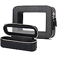 LOFOWN Clear Travel Makeup Bag with Brush Case Portable Transparent Cosmetic Bag and Toiletry Bag Waterproof Makeup Organizer with Zipper Car Essential for Women (Black, M+Slim)