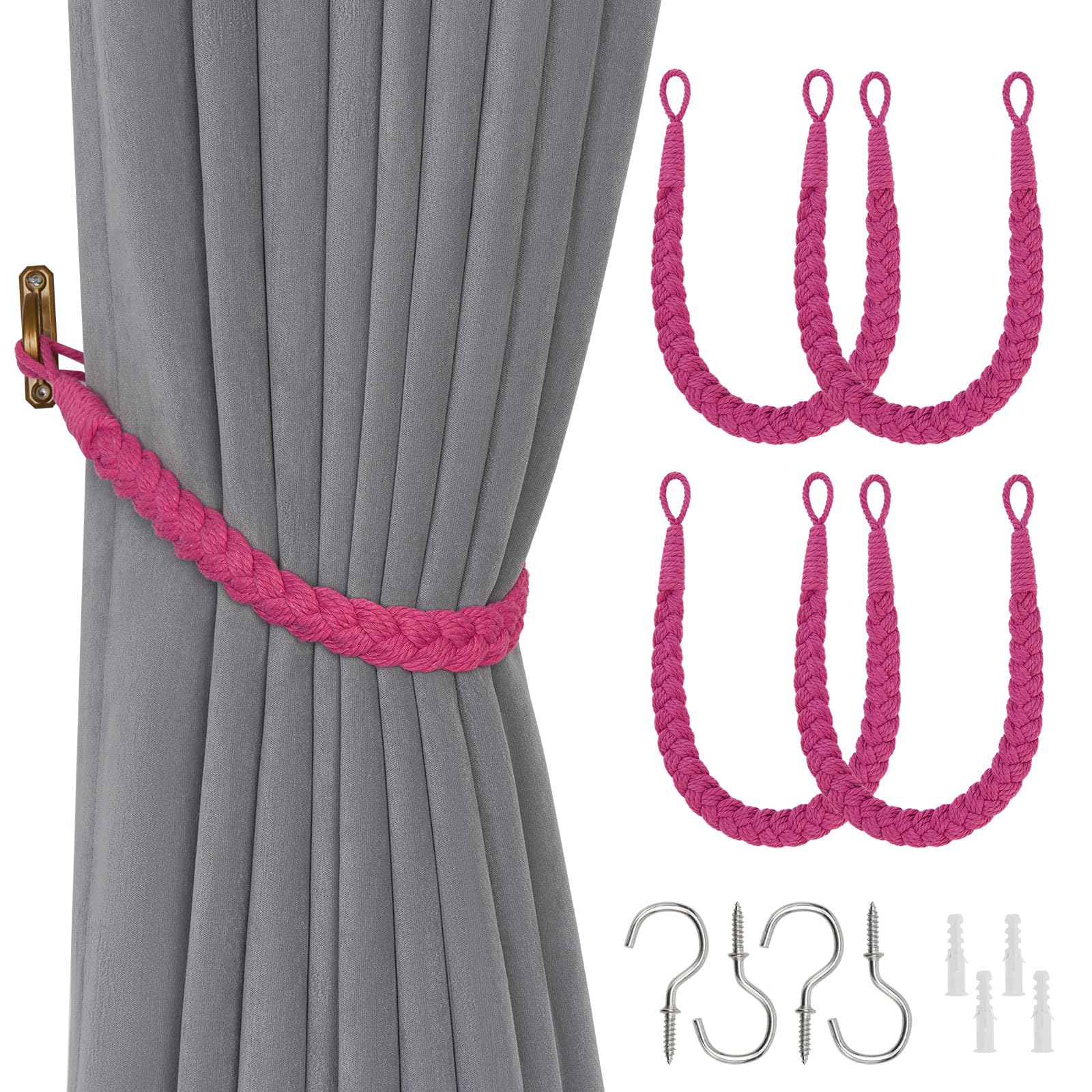 Pretty Jolly 4 Pack Natural Cotton Rope Curtain Tiebacks Elegant Boho Style Decorative Drape Tie Backs Soft Hand-Woven Rope Curtain Holdbacks with Metal Hook for Home & Office Drapery (Rose Red)