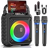 HWWR Karaoke Machine, Pro Karaoke Speaker with 2 Wireless Microphones, Portable Design 5.3 Bluetooth for Adults Kids Gifts with DJ Lights for Home Party, Outdoor Events, Supports FM/USB/AUX/REC/TF