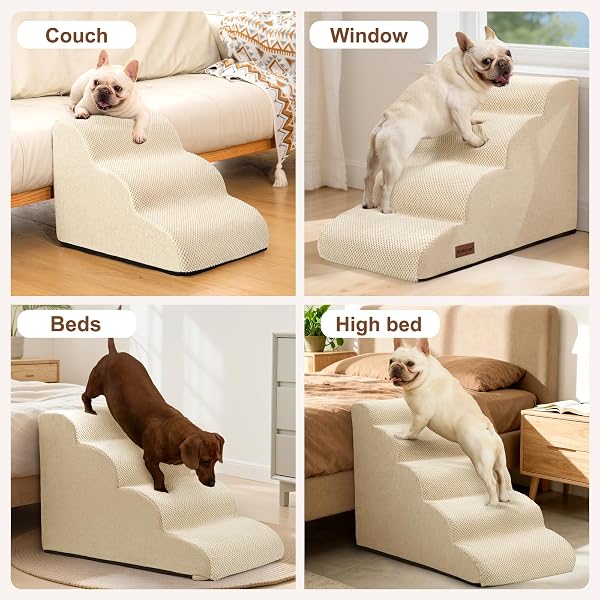 AODISMAN DOG STEPS FOR BED AND COUCH,4-STEP DOG STAIRS AND RAMP FOR SMALL DOGS & CATS,INDOOR ANTI-SLIP PET STAIRS FOR OLD CATS AND PUPPY,BEIGE