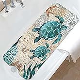 Sea Turtle Bathtub Mat Non Slip, Baby Bath Mat for Tub Rubber Tub Mat, Cute Kids Bath Mats for Bathroom Ocean Beach Anti Slip Shower Mat with Suction and Drain Holes Machine Washable, 40″X16″
