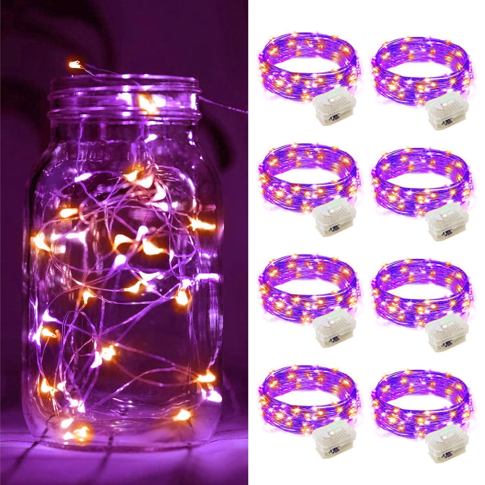 ZGWJ 8 Pack Halloween Fairy Lights Battery Operated, 7ft 20 Mini LED Fairy String Lights Silver Wire 3 Modes for DIY, Parties, Wedding, Bedroom, Halloween Decoration Orange&Purple