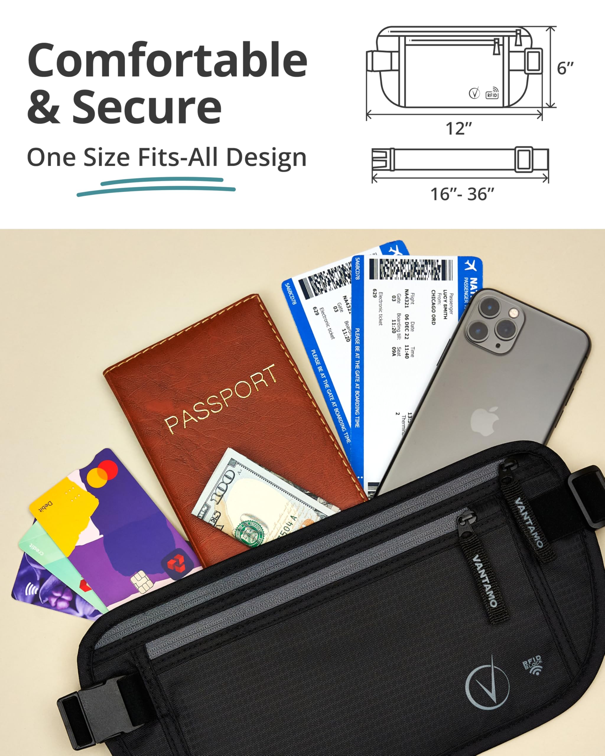 Vantamo Money Belt For Travel Hidden, RFID Protected Waist Wallet, Fits Passport & Phone with cover