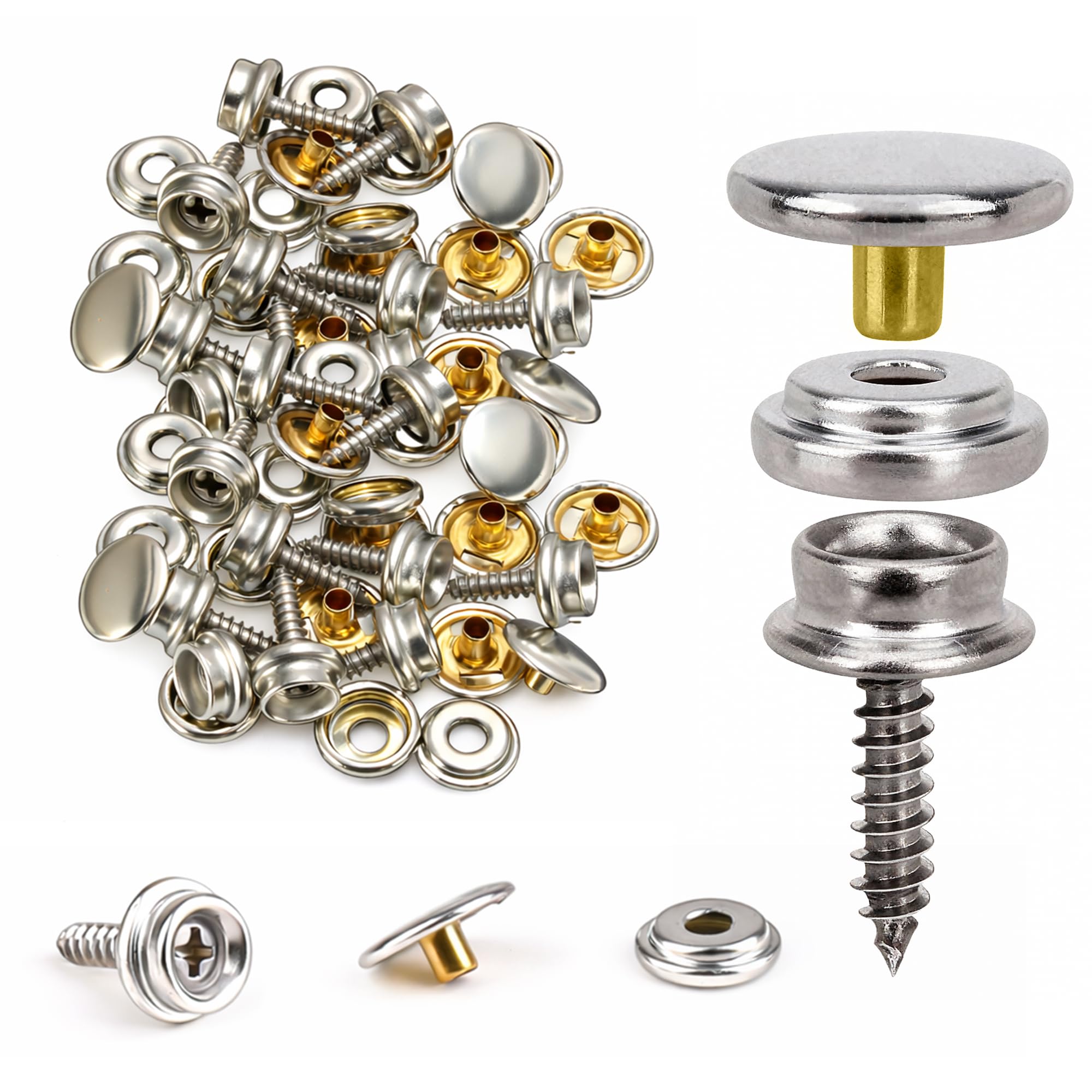 Trimming Shop 15mm Silver Screw Press Studs 3 Part Stainless Steel Snap Fasteners for Boat Cover, Marine Grade, Canvas, Fabric, Wood, DIY, Leathercrafts, 10pcs