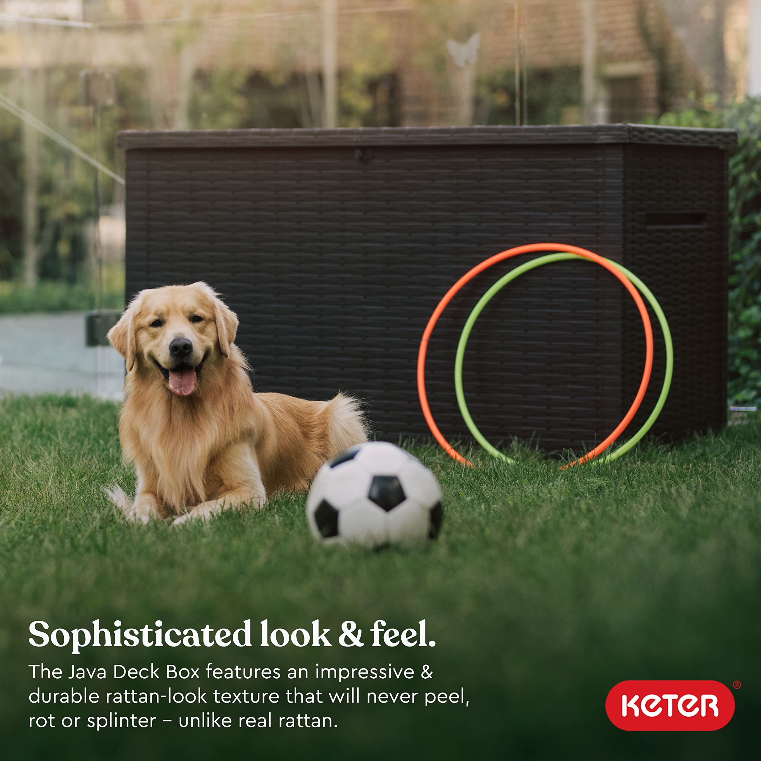 Keter Java XXL 230 Gallon Resin Rattan Look Large Outdoor Storage Deck