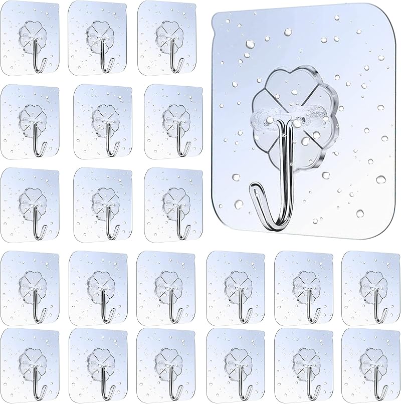 Lamondre 30 Pcs Sticky Hooks Transparent Self Adhesive for Wall Bathroom Kitchen
