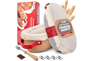 Banneton Proofing Basket Set - 2 x 10" Oval with Liners & Covers & Bread Lame | Cotton Rope Sourdough Bread Proofing Basket, 