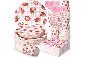 KINOVO 300 Pcs Berry First Birthday Decor, Strawberry Decorations For Party, Strawberry Shortcake Birthday Decorations, Plates and Napkins Serves 50 Guests