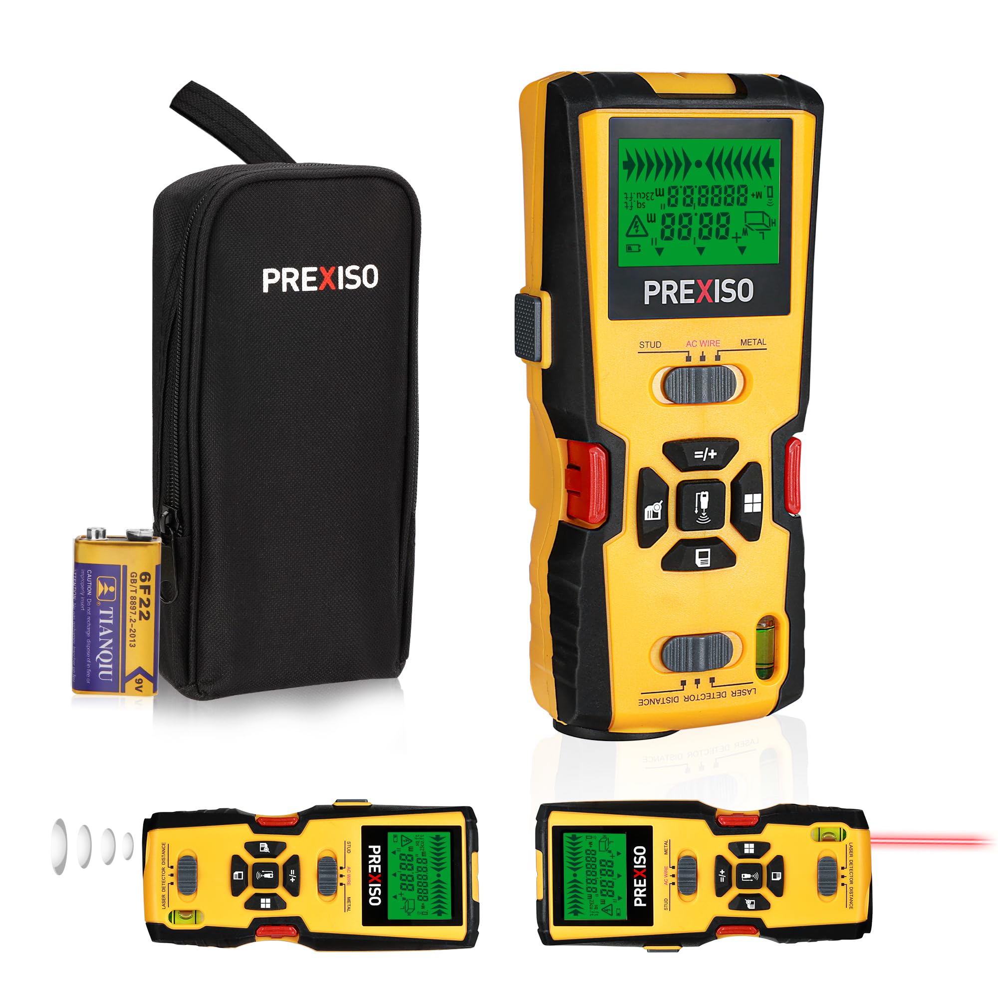 PREXISO 5-in-1 Stud Finder with Laser Level, Electronic Stud Sensor & Ultrasound Distance Measure, Wall Scanner Sensor, for AC Live Wire, Metal Studs Detection