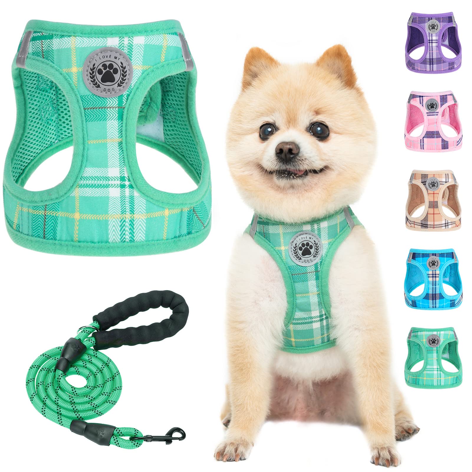 BEAUTYZOO Step in No Chock No Pull Soft Mesh Dog Harness and Leash Set, Reflective for Extra-Small/Small Medium Puppy Dogs and Cats, Plaid Dog Vest Harness for XS S Pets, Teal XS