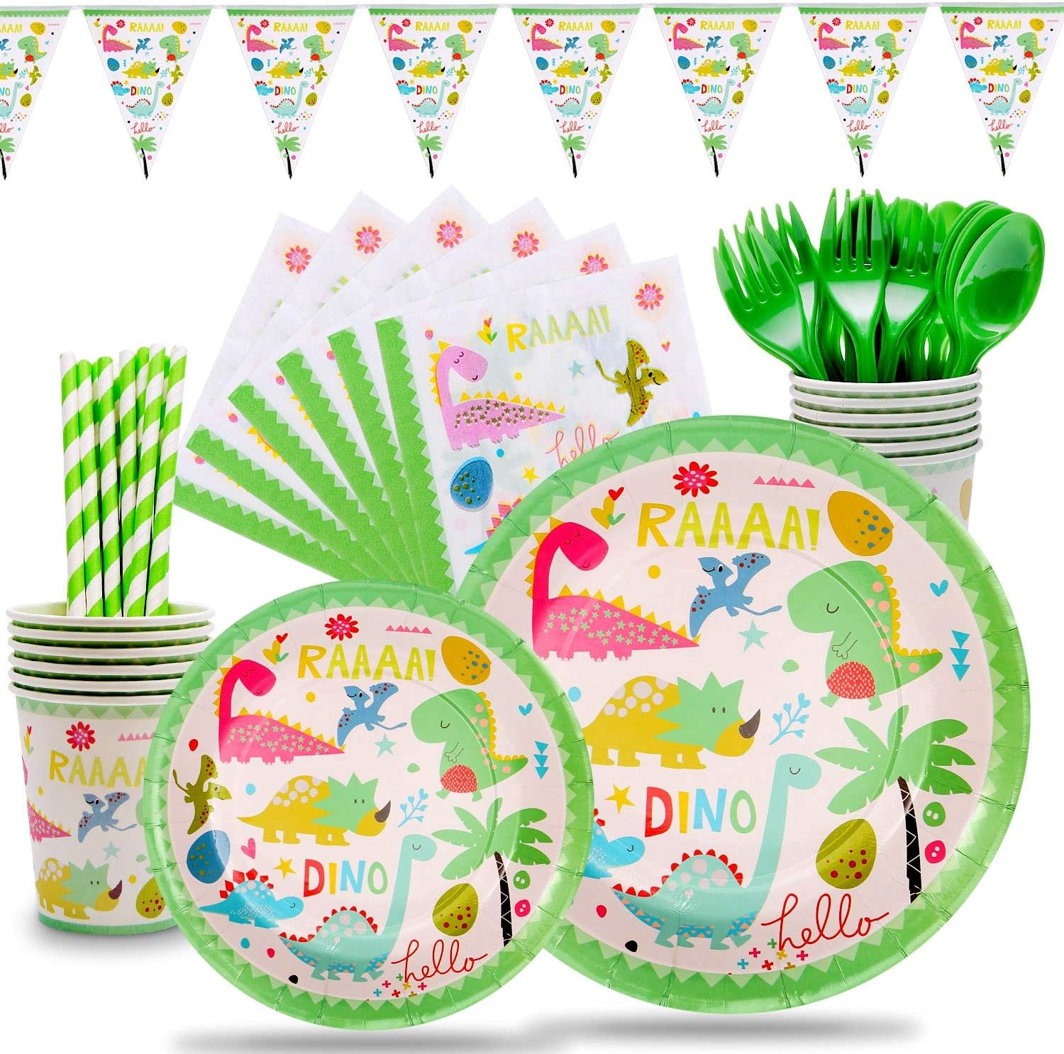 Dinosaur Party Supplies Boy and Girl Birthday Dino Themed Party Set Includes Cups Forks Spoons 9"&7" Plates Napkins Straws Triangle Banner, Bonus Tablecloth, Serves 12