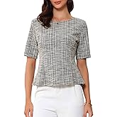 Allegra K Tweed Top for Women's Round Neck Short Sleeve Pullover Work Office Blouse X-Large Khaki