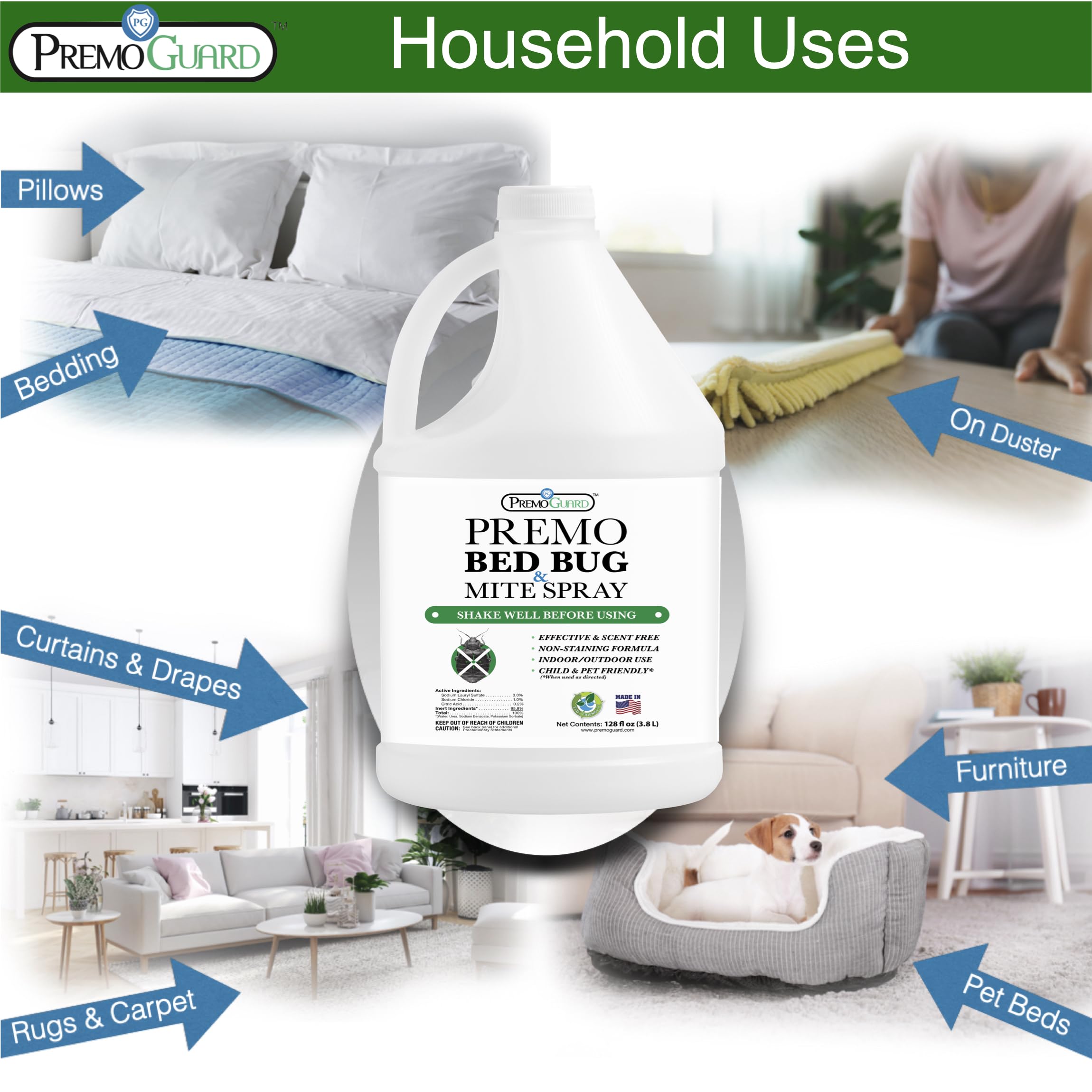 Premo Guard Bed Bug Killer Spray 128 oz - University Tested 100% Kill Rate - Natural Non Toxic, Stain & Scent Free - Kill Bedbugs & Mites On Bed & Blankets, Furniture, Clothing - Child & Pet Safe