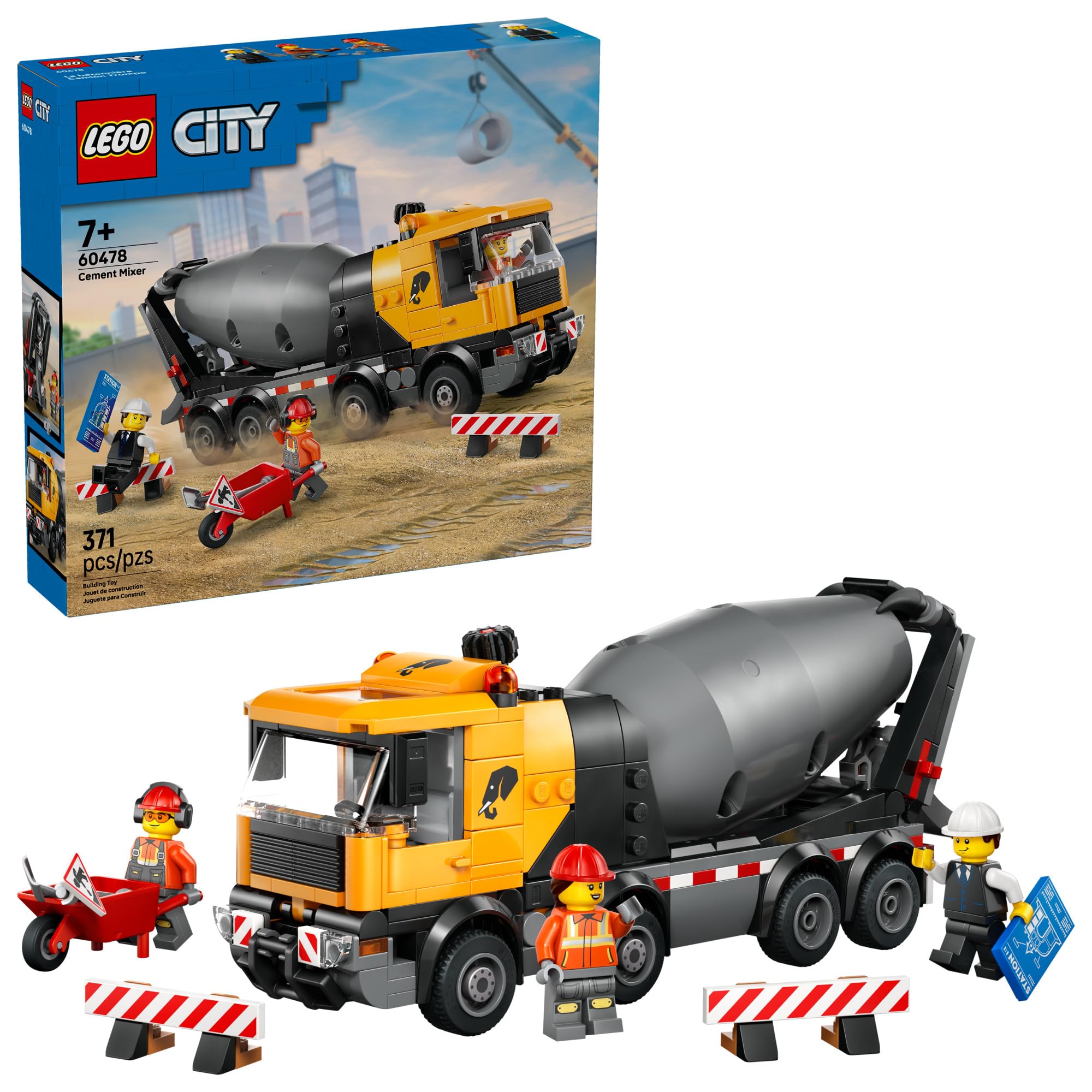 LEGO City Cement Mixer Truck Building Toy for Boys & Girls, Ages 7+ - Pretend Play Construction Toy W/Rotating Drum & 3 Worker Minifigures - Gift Idea for Birthdays - 60478